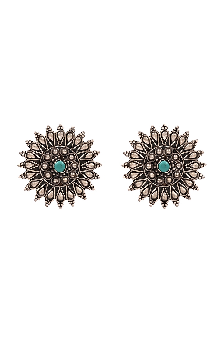 Silver Handcrafted Turquoise Stone Stud Earrings In Sterling Silver by Sangeeta Boochra