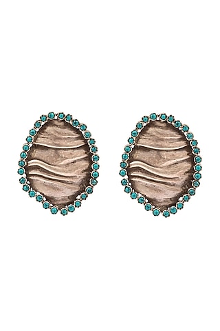 Silver Handcrafted Oxidised Turquoise Stone Stud Earrings In Sterling Silver by Sangeeta Boochra