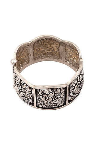 Silver Handcrafted Oxidised Engraved Bracelet In Sterling Silver by Sangeeta Boochra