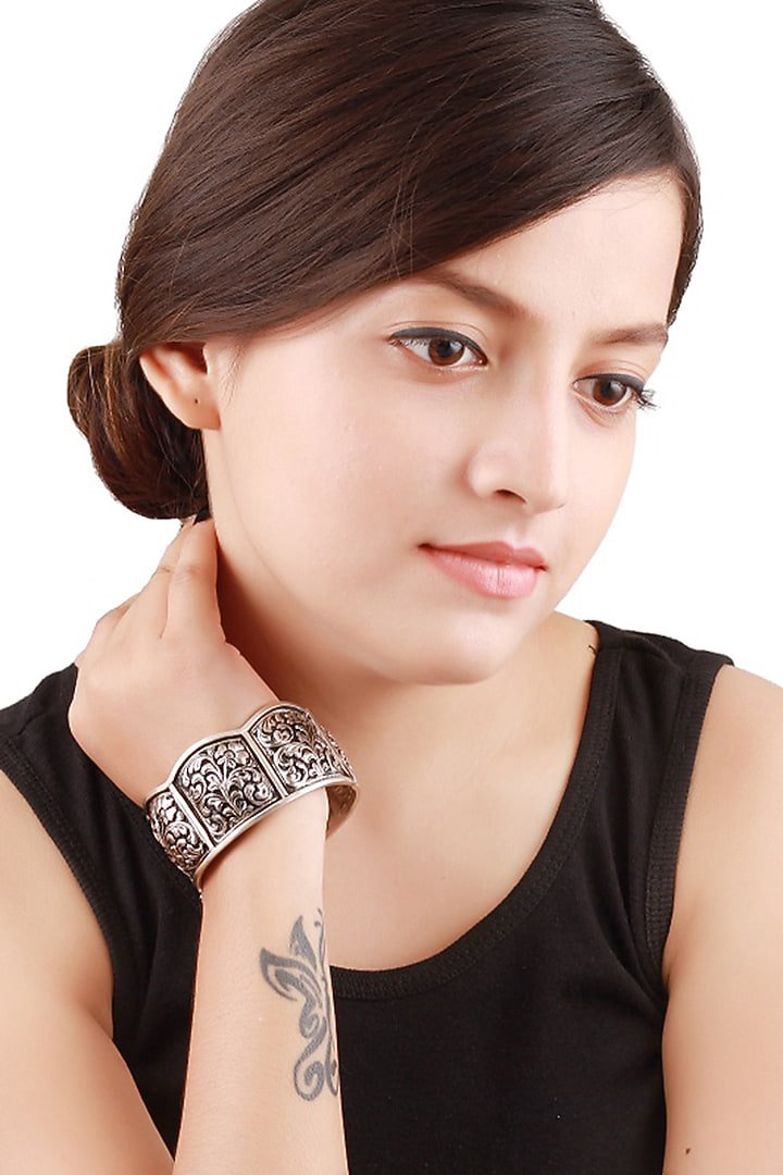 Silver Handcrafted Oxidised Engraved Bracelet In Sterling Silver by Sangeeta Boochra at Pernia's Pop Up Shop