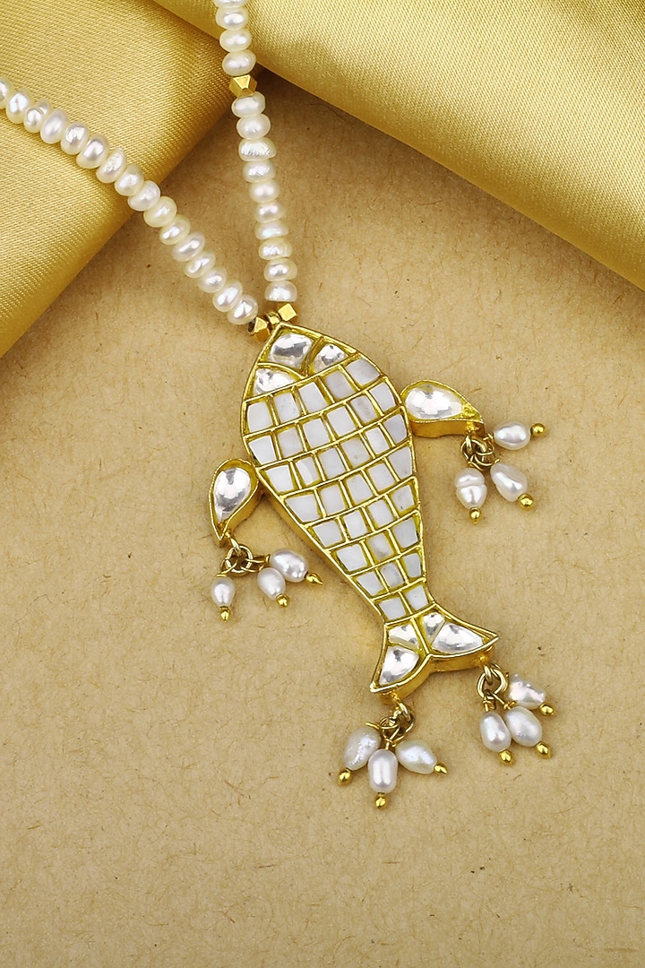 Gold Finish Handcrafted Fish-Shaped Pendant Necklace In Sterling Silver by Sangeeta Boochra at Pernia's Pop Up Shop