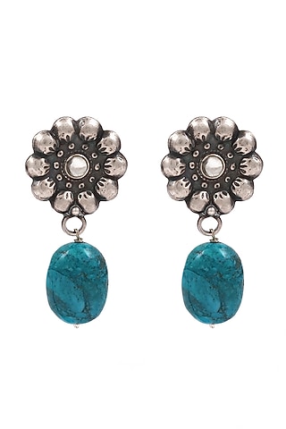 Silver Finish Turquoise Stone Handcrafted Oxidised Dangler Earrings In Sterling Silver by Sangeeta Boochra