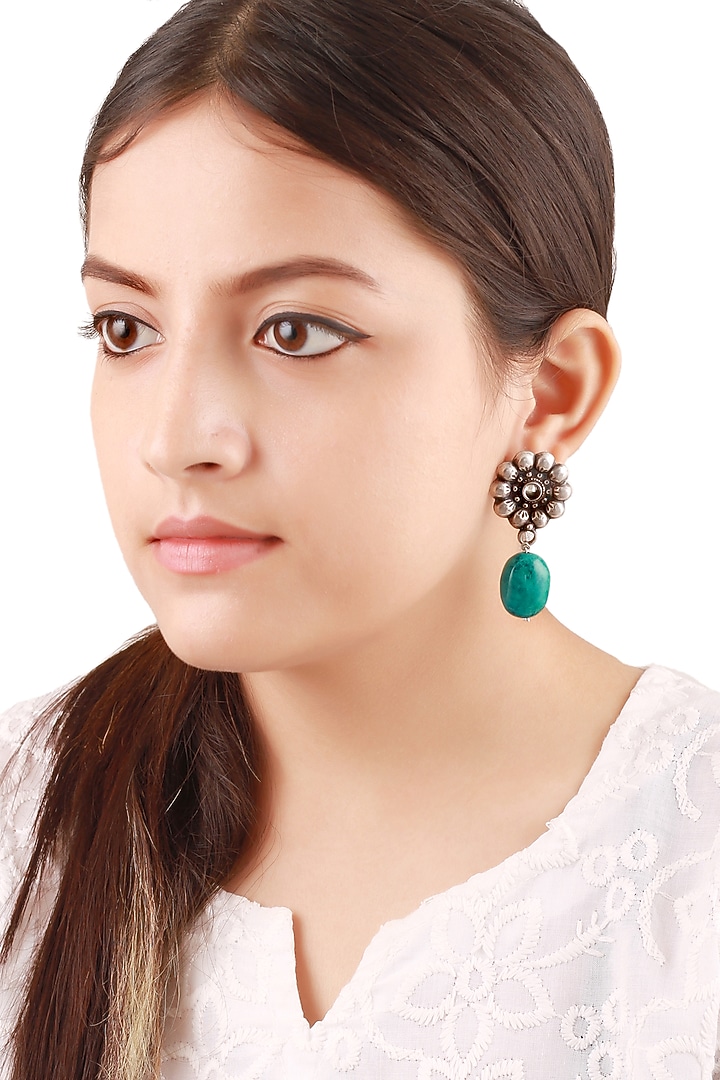 Silver Finish Turquoise Stone Handcrafted Oxidised Dangler Earrings In Sterling Silver by Sangeeta Boochra at Pernia's Pop Up Shop