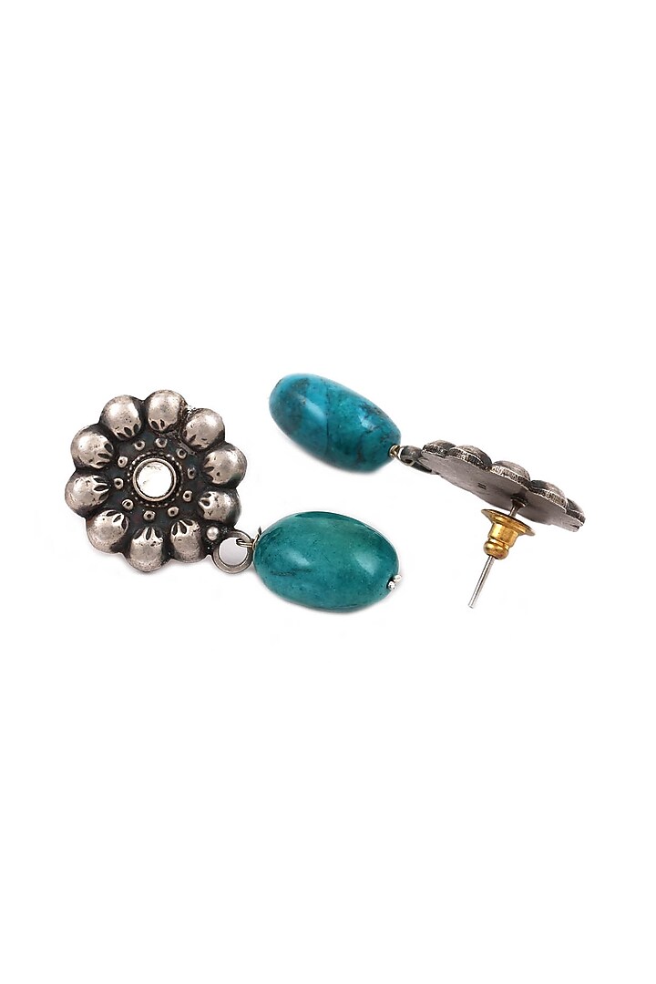 Silver Finish Turquoise Stone Handcrafted Oxidised Dangler Earrings In Sterling Silver by Sangeeta Boochra at Pernia's Pop Up Shop