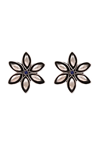 Silver Finish Lapis Handcrafted Oxidised Stud Earrings In Sterling Silver by Sangeeta Boochra