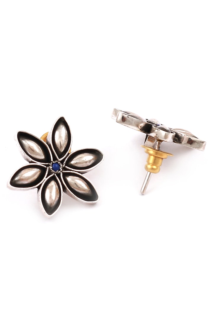 Silver Finish Lapis Handcrafted Oxidised Stud Earrings In Sterling Silver by Sangeeta Boochra at Pernia's Pop Up Shop