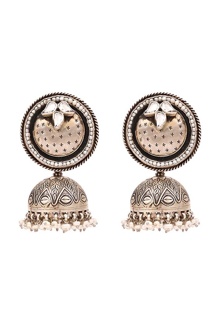 Silver Finish Pearl Handcrafted Jhumka Earrings In Sterling Silver by Sangeeta Boochra