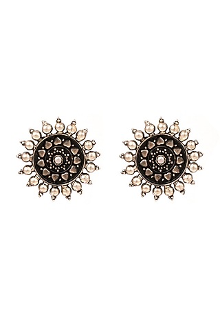 Silver Finish Motif Handcrafted Oxidised Stud Earrings In Sterling Silver by Sangeeta Boochra