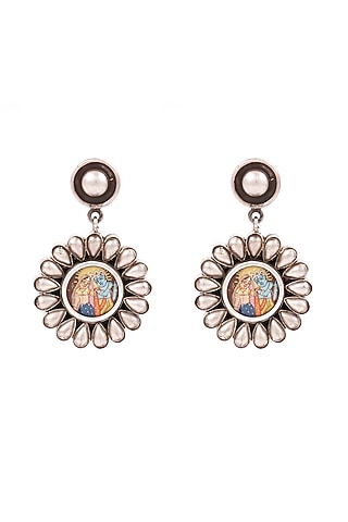 Silver Finish Radha Krishna Handcrafted Oxidised Dangler Earrings In Sterling Silver by Sangeeta Boochra