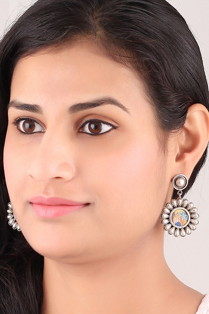 Silver Finish Radha Krishna Handcrafted Oxidised Dangler Earrings In Sterling Silver by Sangeeta Boochra at Pernia's Pop Up Shop