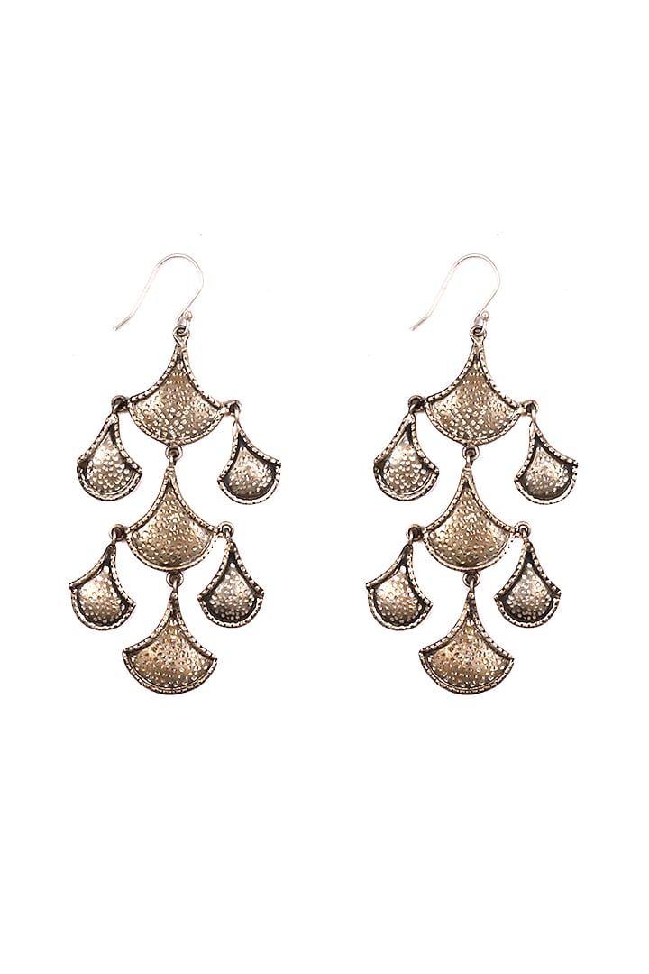 Silver Finish Handcrafted Engraved Oxidised Dangler Earrings In Sterling Silver by Sangeeta Boochra