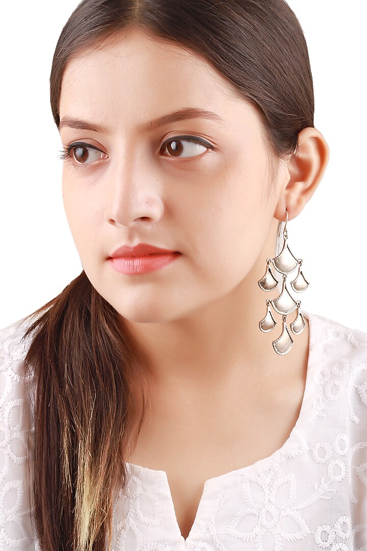 Silver Finish Handcrafted Engraved Oxidised Dangler Earrings In Sterling Silver by Sangeeta Boochra at Pernia's Pop Up Shop