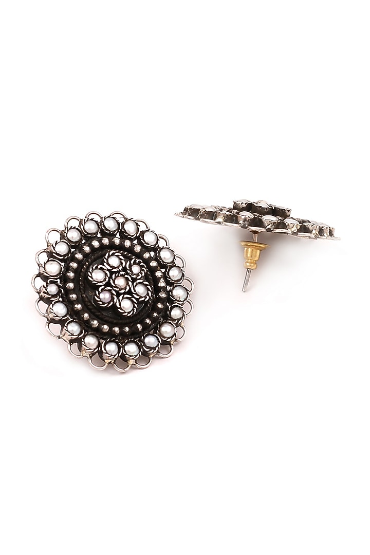 Silver Finish Pearl Handcrafted Oxidised Stud Earrings In Sterling Silver by Sangeeta Boochra at Pernia's Pop Up Shop