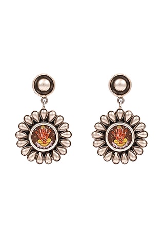 Silver Finish Lord Ganesha Handcrafted Oxidised Dangler Earrings In Sterling Silver by Sangeeta Boochra