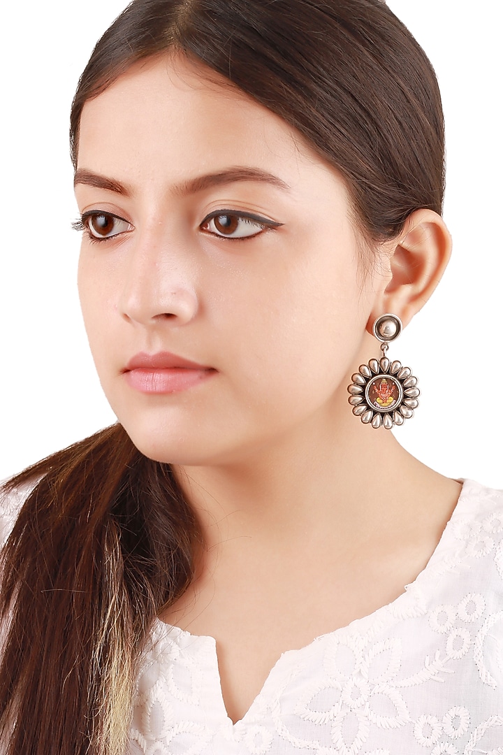 Silver Finish Lord Ganesha Handcrafted Oxidised Dangler Earrings In Sterling Silver by Sangeeta Boochra at Pernia's Pop Up Shop