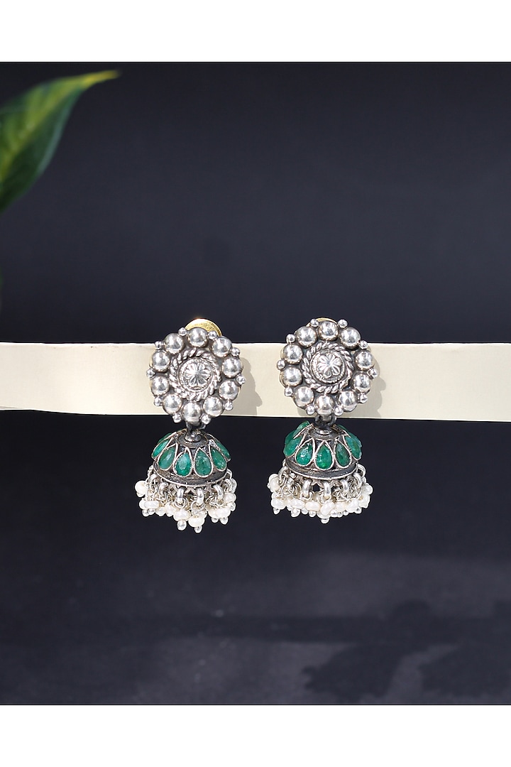 Silver Finish Green Gemstone Handcrafted Jhumka Earrings In Sterling Silver by Sangeeta Boochra at Pernia's Pop Up Shop