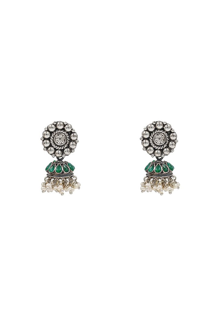 Silver Finish Green Gemstone Handcrafted Jhumka Earrings In Sterling Silver by Sangeeta Boochra at Pernia's Pop Up Shop