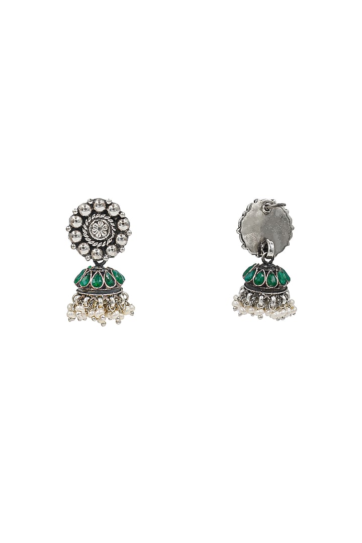 Silver Finish Green Gemstone Handcrafted Jhumka Earrings In Sterling Silver by Sangeeta Boochra at Pernia's Pop Up Shop