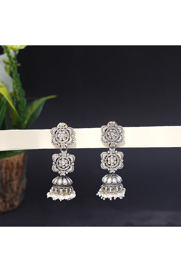 Silver Finish Pearl Handcrafted Dangler Earrings In Sterling Silver by Sangeeta Boochra at Pernia's Pop Up Shop