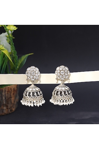 Silver Finish Kundan Polki Handcrafted Jhumka Earrings In Sterling Silver by Sangeeta Boochra