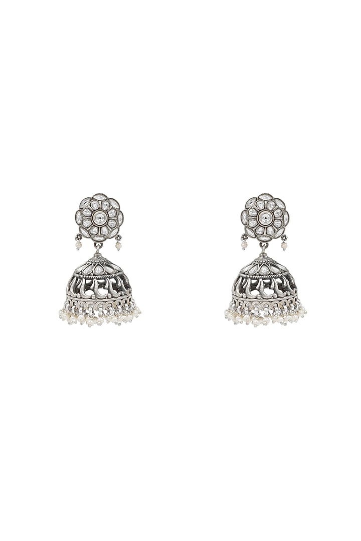 Silver Finish Kundan Polki Handcrafted Jhumka Earrings In Sterling Silver by Sangeeta Boochra at Pernia's Pop Up Shop