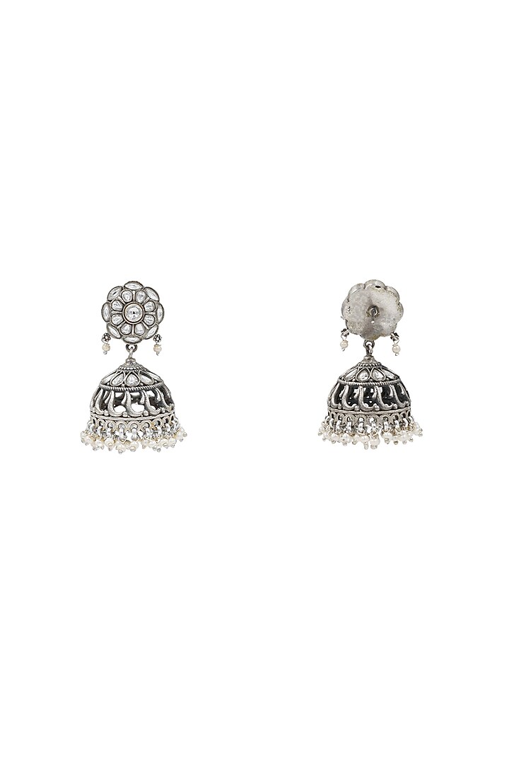 Silver Finish Kundan Polki Handcrafted Jhumka Earrings In Sterling Silver by Sangeeta Boochra at Pernia's Pop Up Shop