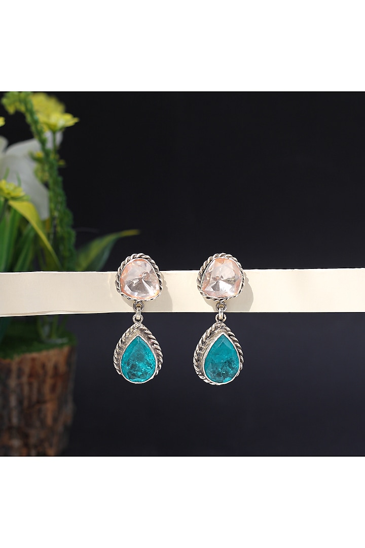 Silver Finish Aqua Moissanite Handcrafted Dangler Earrings In Sterling Silver by Sangeeta Boochra at Pernia's Pop Up Shop