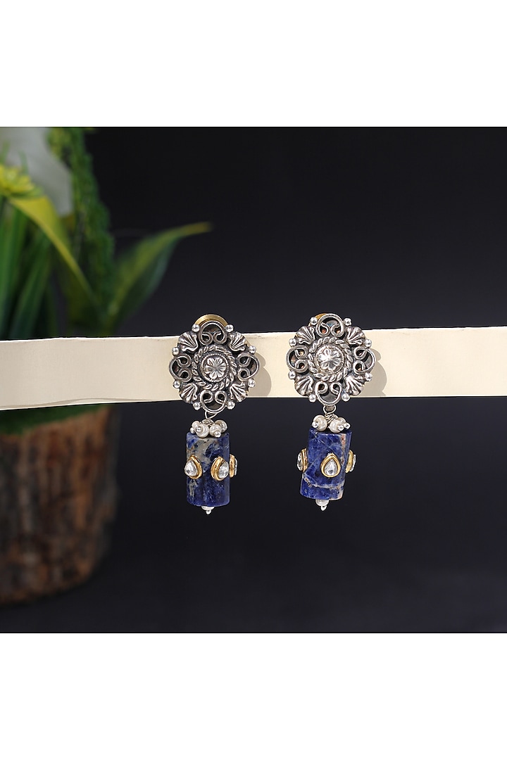 Silver Finish Lapis Stone Handcrafted Dangler Earrings In Sterling Silver by Sangeeta Boochra at Pernia's Pop Up Shop