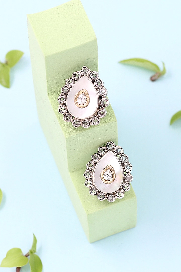 Silver Finish Checker Stone Handcrafted Stud Earrings In Sterling Silver by Sangeeta Boochra