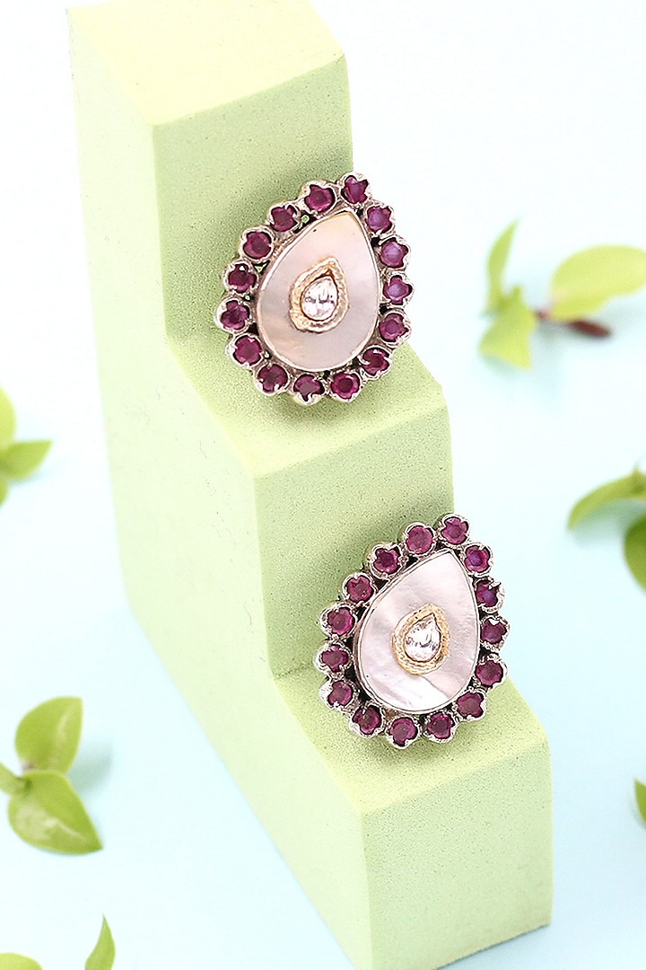 Silver Finish Ruby Stone Handcrafted Stud Earrings In Sterling Silver by Sangeeta Boochra at Pernia's Pop Up Shop