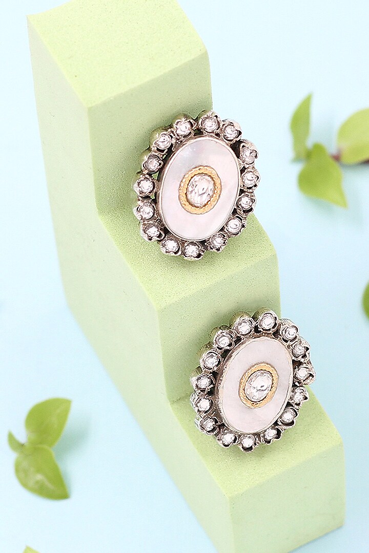 Silver Finish Pearl Handmade Stud Earrings In Sterling Silver by Sangeeta Boochra at Pernia's Pop Up Shop