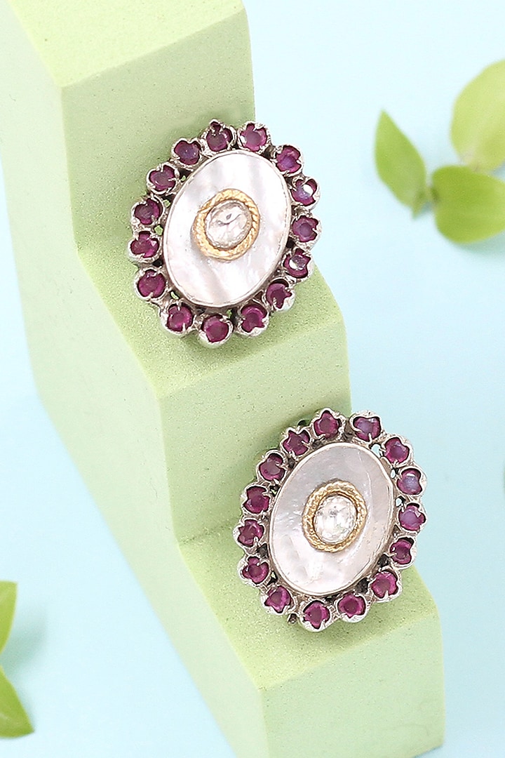 Silver Finish Ruby Stone Handmade Stud Earrings In Sterling Silver by Sangeeta Boochra at Pernia's Pop Up Shop