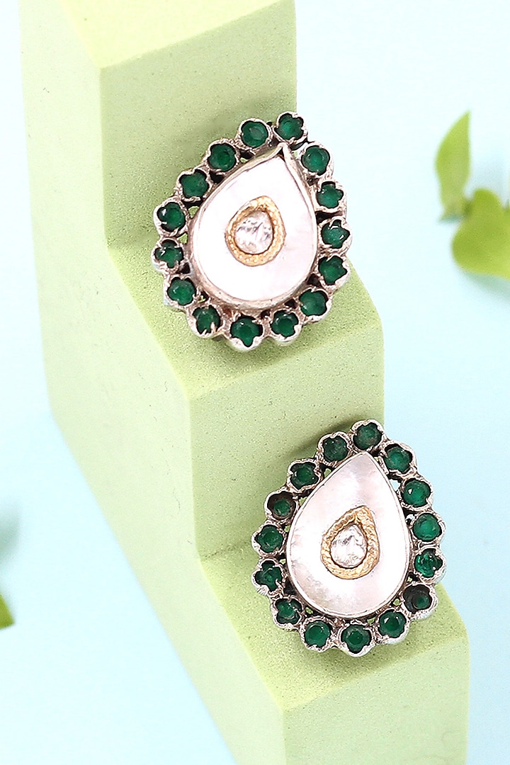 Silver Finish Green Hydro Stone Handmade Stud Earrings In Sterling Silver by Sangeeta Boochra