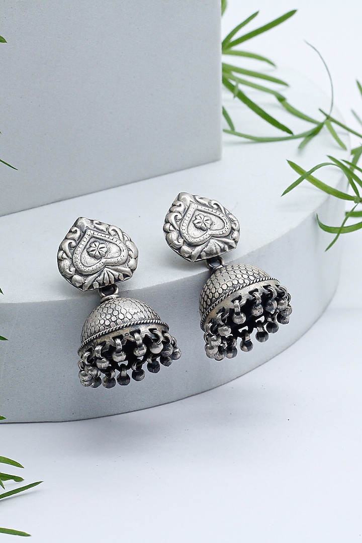 Silver Finish Jhumka Earrings In Sterling Silver by Sangeeta Boochra at Pernia's Pop Up Shop