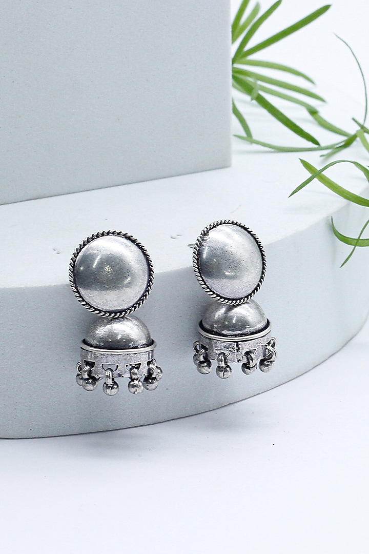 Silver Finish Jhumka Earrings In Sterling Silver by Sangeeta Boochra at Pernia's Pop Up Shop