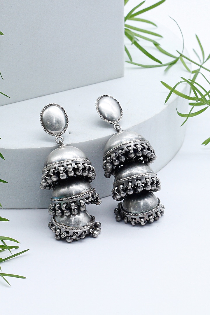 Silver Finish Jhumka Earrings In Sterling Silver by Sangeeta Boochra at Pernia's Pop Up Shop