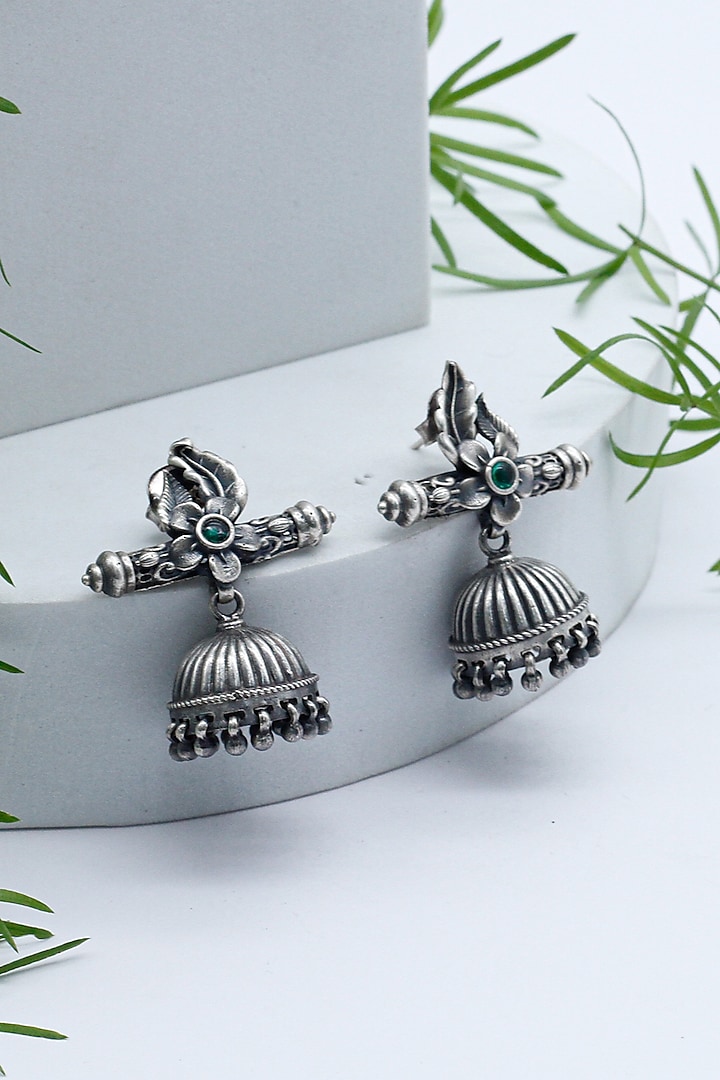 Silver Finish Gemstone Jhumka Earrings In Sterling Silver by Sangeeta Boochra at Pernia's Pop Up Shop