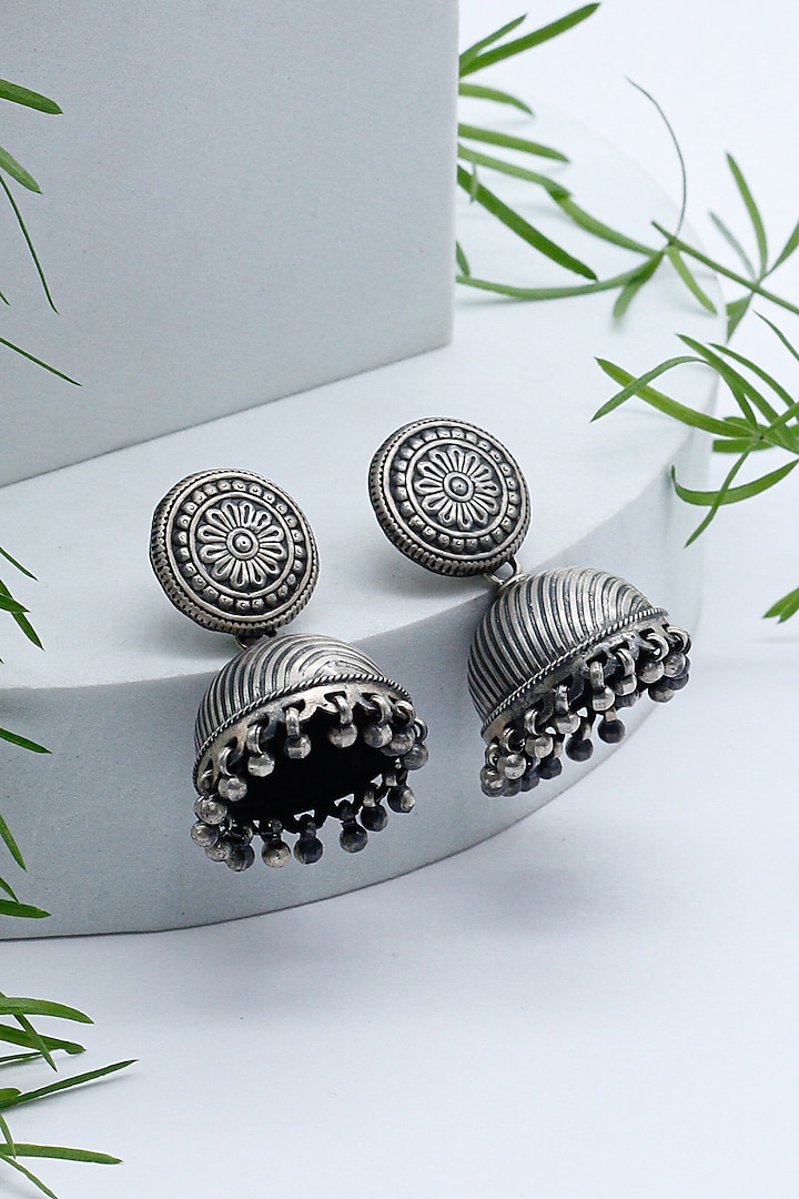 Silver Finish Jhumka Earrings In Sterling Silver by Sangeeta Boochra at Pernia's Pop Up Shop