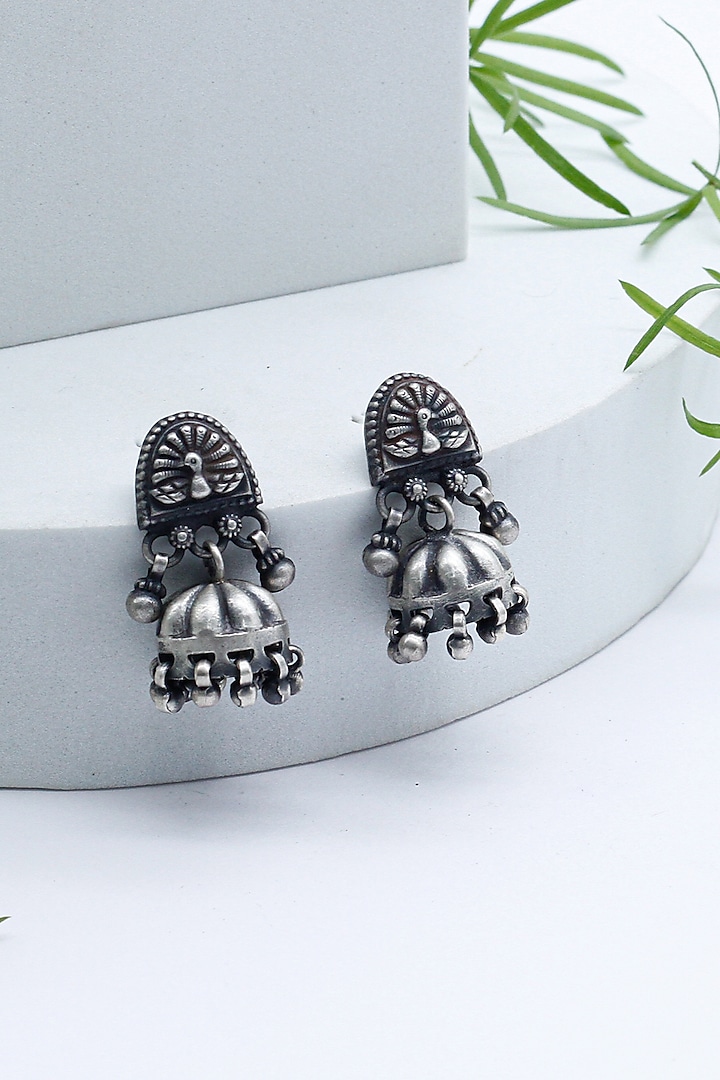 Silver Finish Jhumka Earrings In Sterling Silver by Sangeeta Boochra at Pernia's Pop Up Shop