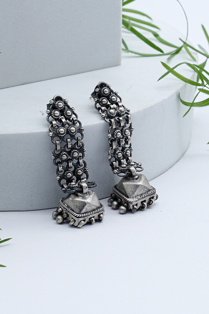 Silver Finish Jhumka Earrings In Sterling Silver by Sangeeta Boochra at Pernia's Pop Up Shop