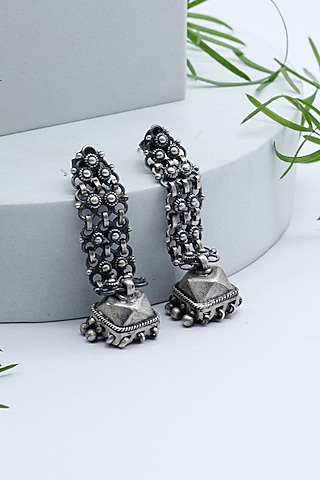 Silver Finish Jhumka Earrings In Sterling Silver by Sangeeta Boochra