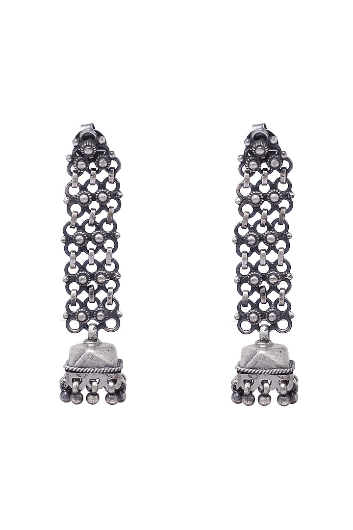 Silver Finish Jhumka Earrings In Sterling Silver by Sangeeta Boochra at Pernia's Pop Up Shop