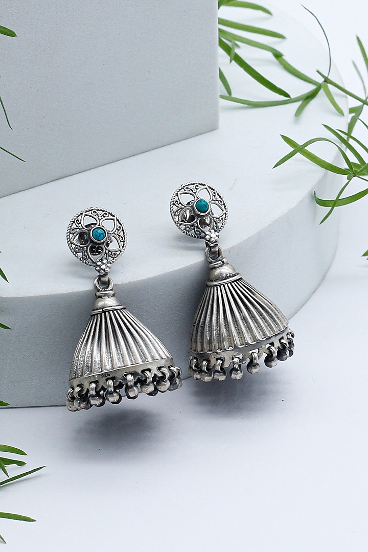 Silver Finish Jhumka Earrings In Sterling Silver by Sangeeta Boochra at Pernia's Pop Up Shop