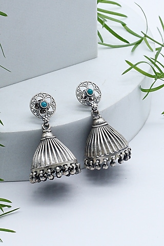 Silver Finish Jhumka Earrings In Sterling Silver by Sangeeta Boochra