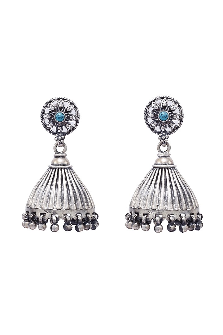 Silver Finish Jhumka Earrings In Sterling Silver by Sangeeta Boochra at Pernia's Pop Up Shop