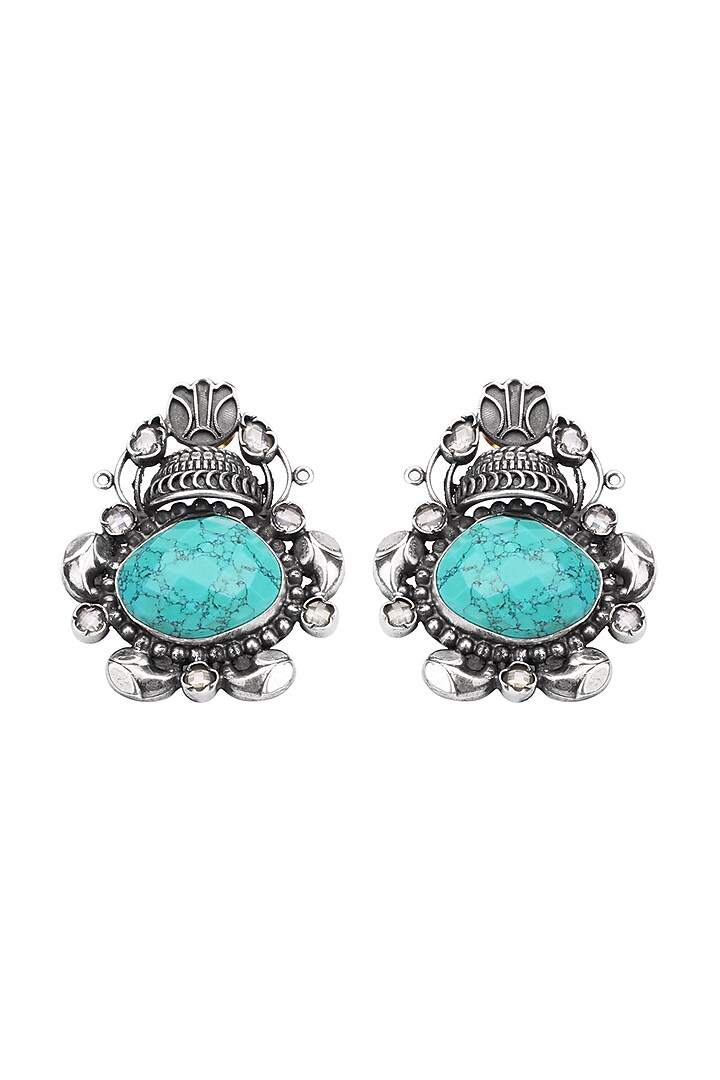 Silver Finish Turquoise Stone Stud Earrings In Sterling Silver by Sangeeta Boochra at Pernia's Pop Up Shop