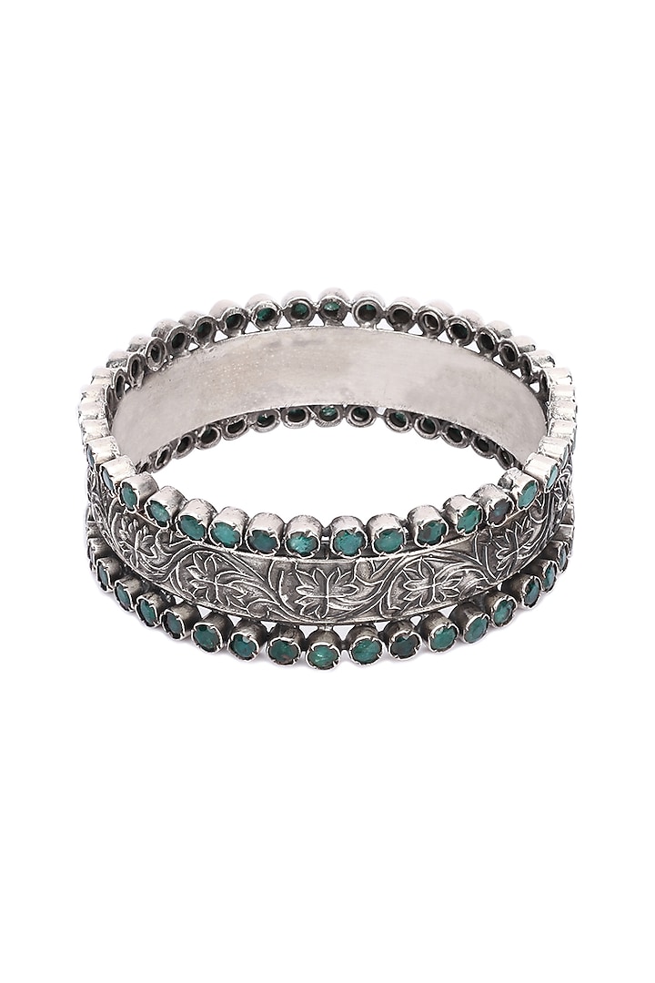 Silver Finish Green Stone Floral Bracelet In Sterling Silver by Sangeeta Boochra