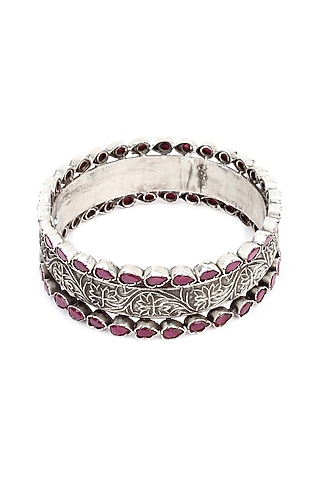Silver Finish Red Stone Floral Bracelet In Sterling Silver by Sangeeta Boochra