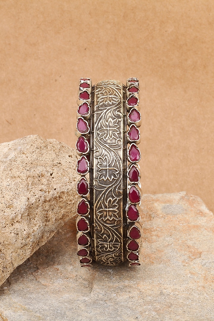 Silver Finish Red Stone Floral Bracelet In Sterling Silver by Sangeeta Boochra at Pernia's Pop Up Shop