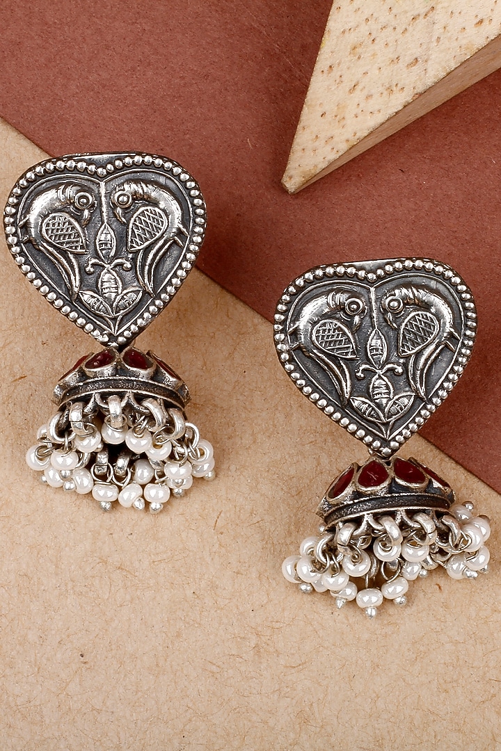 Silver Finish Ruby & Pearl Jhumka Earrings In Sterling Silver by Sangeeta Boochra at Pernia's Pop Up Shop